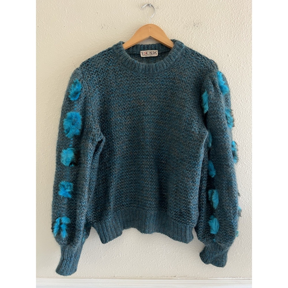 Vintage Escada Western Germany Superkid Mohair Fur Sweater Size 42 Teal Art